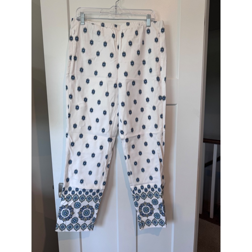 J. Jill Essential coastal Cotton-Stretch Medallion Crop Pants White Blue Size 14